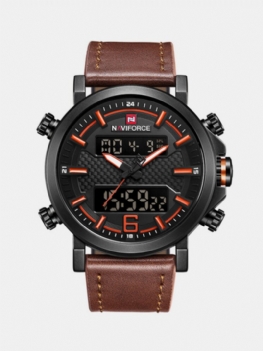Naviforce 9135 Podwójny Wyświetlacz Cyfrowy Zegarek Ze Skórzanym Paskiem Chronograf Wodoodporne Męskie Zegarki