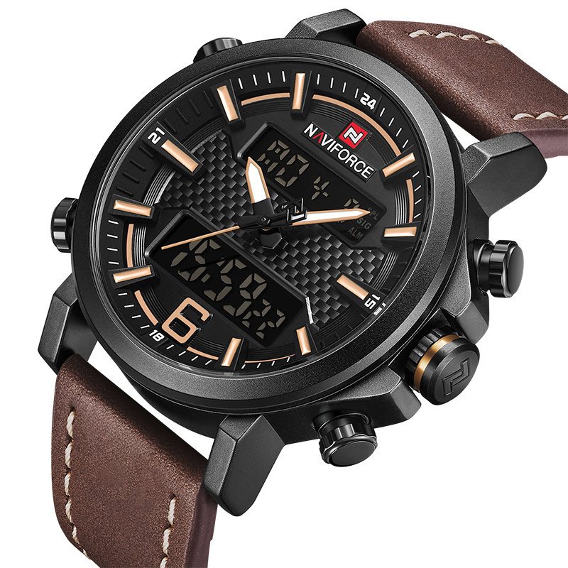 Naviforce 9135 Podwójny Wyświetlacz Cyfrowy Zegarek Ze Skórzanym Paskiem Chronograf Wodoodporne Męskie Zegarki
