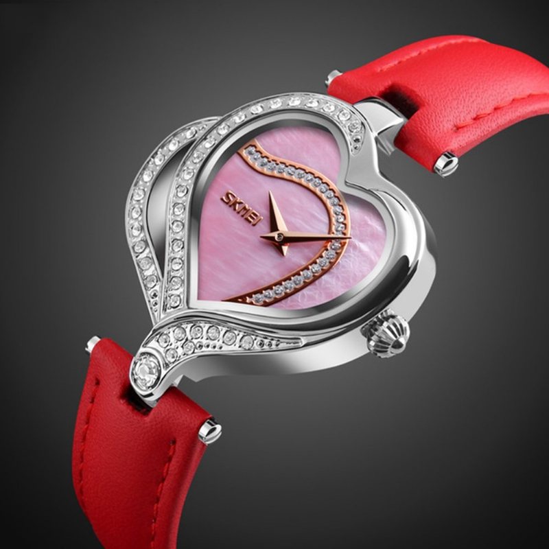 Skmei Sweet Love Heart Fashion Zegarki Kryształowy Skórzany Pasek Kwarcowe Dla Kobiet