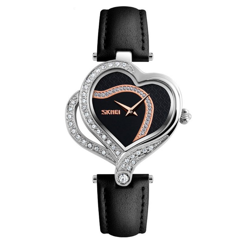 Skmei Sweet Love Heart Fashion Zegarki Kryształowy Skórzany Pasek Kwarcowe Dla Kobiet