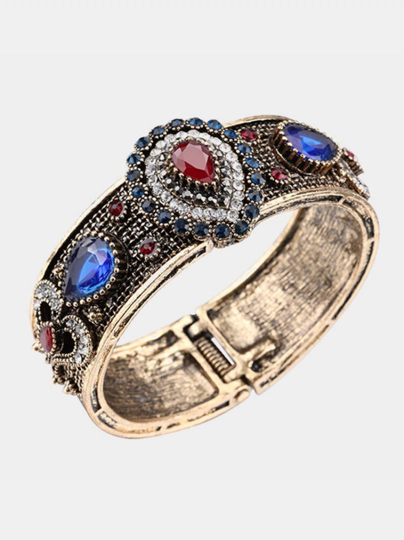 Vintage Bransoletka Mankietowa Kropla Wody Rhinestone Serce Pozłacana Etniczna Biżuteria Dla Kobiet