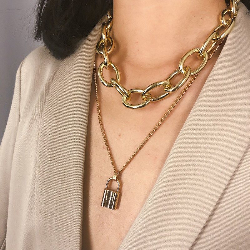 Modna Blokada Big Chain Bransoletka Złota Metalowa Lock Sweter Naszyjnik Dla Kobiet
