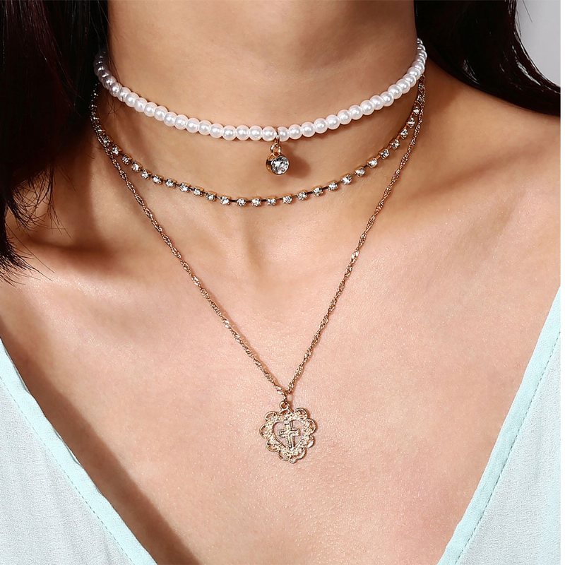 Pearl Choker Wielowarstwowy Naszyjnik Łańcuch Miga Syntetyczny Diament Perła Obojczyk W Kształcie Serca Dla Kobiety