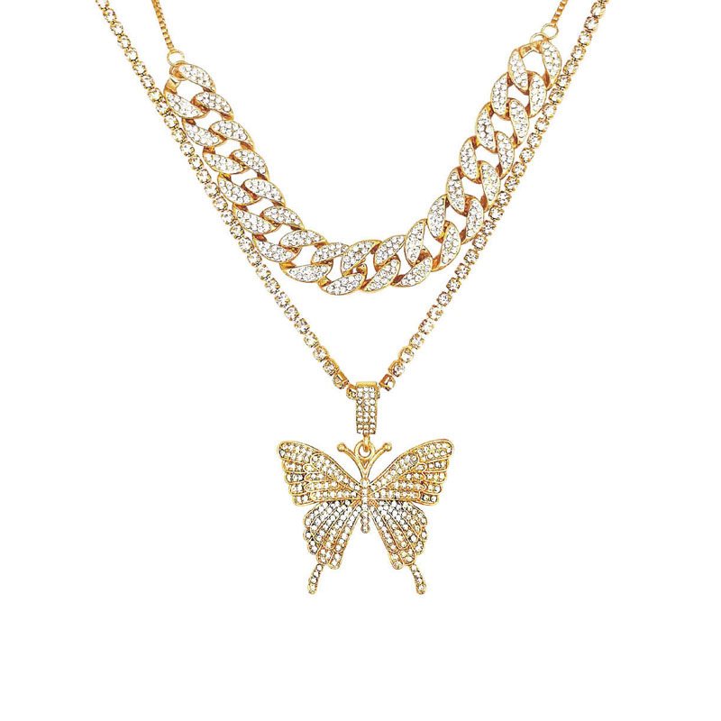 Przesadny Mikro-inkrustowany Rhinestone Geometryczny Naszyjnik Kobiety Retro Garnitur Kuba Duży Z Motylem