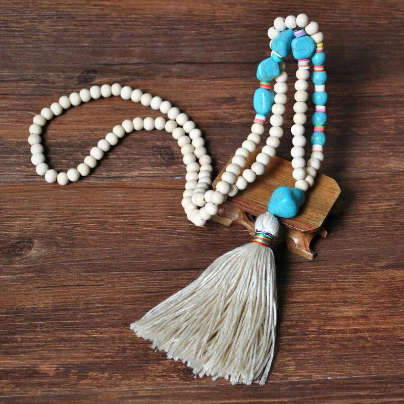 Ręcznie Robione Drewniane Koraliki Tassel Wisiorek Długi Naszyjnik Czeski Nieregularny Turkusowy Miękki Ceramiczny Sweter Z Koralikami