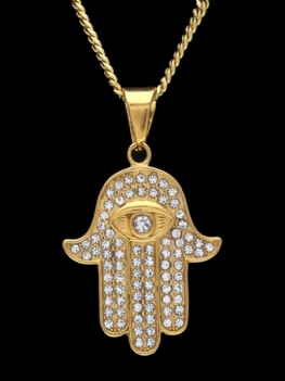 Trendy Hip-hop Ręka Fatimy Złe Oko Naszyjnik Łańcuch Twist Rhinestone Ze Stali Nierdzewnej
