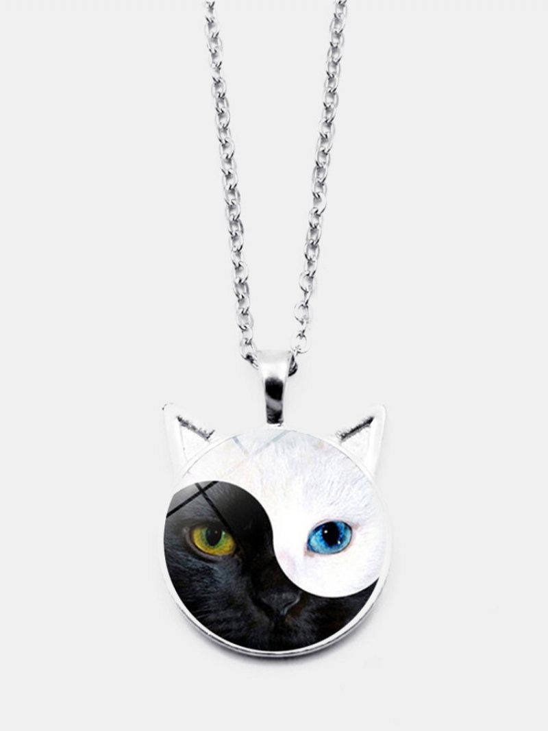 Vintage Yin Yang Cat Face Printed Women Naszyjnik Ucho Kota