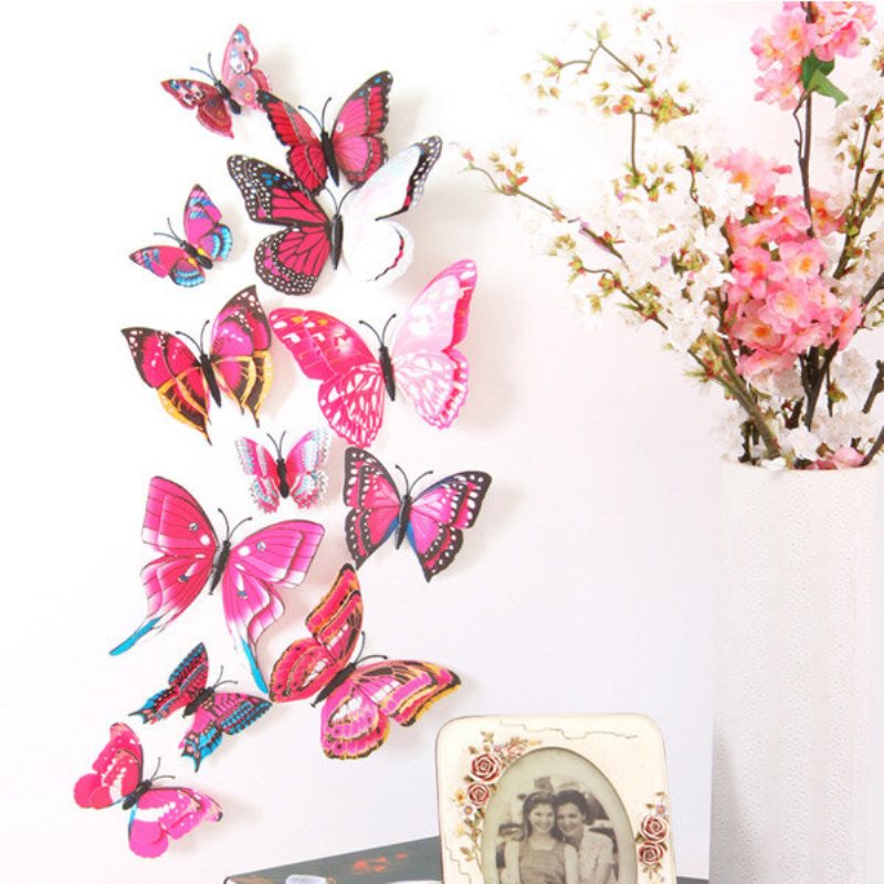 12 Sztuk 7 Kolorów 3d Dwuwarstwowa Naklejka Ścienna Z Motylem Magnes Na Lodówkę Art Applique