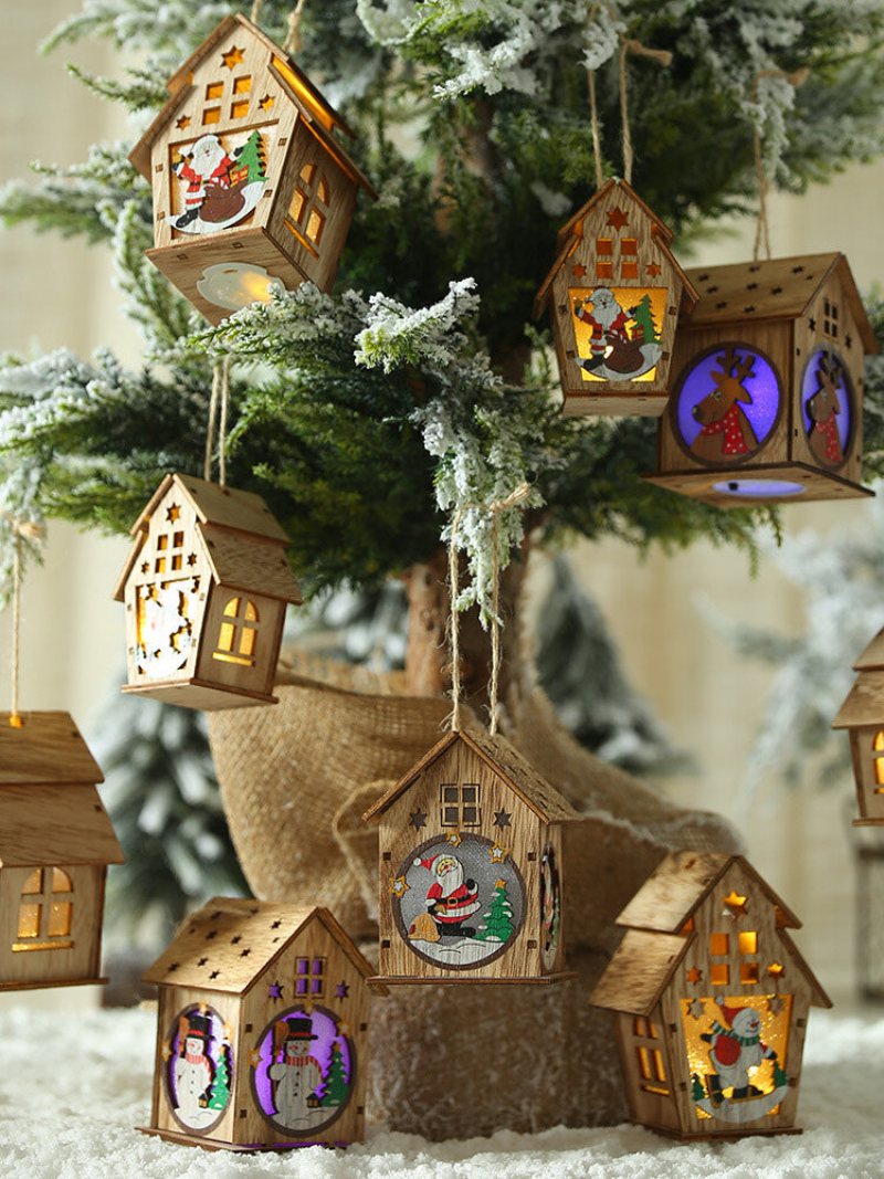 1pc Boże Narodzenie Drewniane Oświetlone Drewniana Kabina Kreatywny Montaż Mały Dom Dekoracja Luminous Kolorowe Kabiny