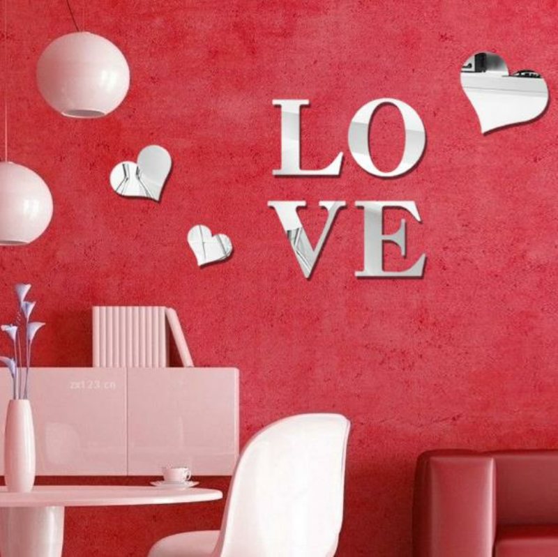 3d Multi-color Love Silver Diy Kształt Lustro Naklejki Ścienne Domu Sypialnia Wystrój Biura