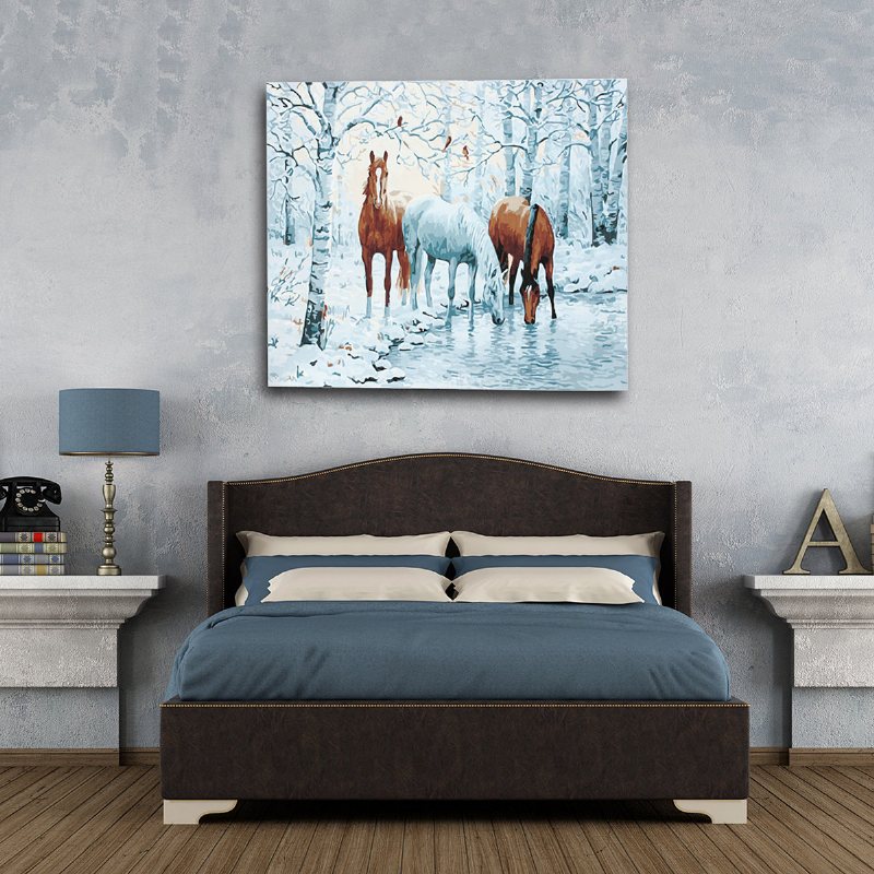 Drewniana Rama Diy Farba Według Numeru 16x20 Cal Zestaw Trzy Konie W Lodowym Lesie