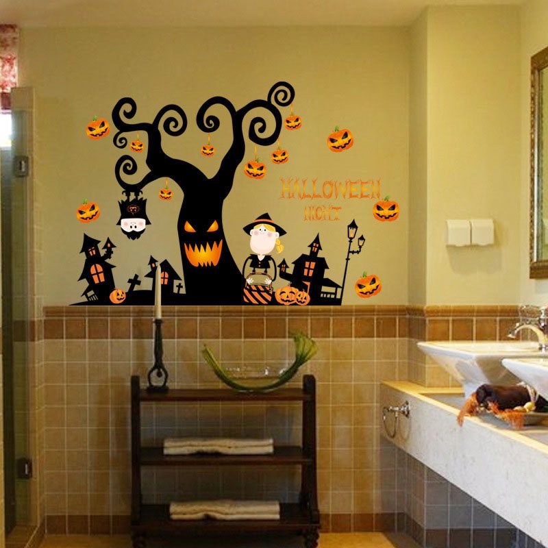 Pcv Halloween Naklejka Domek Na Drzewie Nawiedzony Dom Zamek Dynia Lekka Ścienna Dekoracja Okna