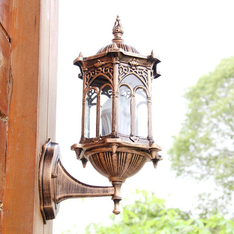 Zewnętrzna Brązowa Antyczna Oprawa Ścienna Aluminiowa Szklana Latarnia Lampa Ogrodowa