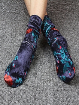 Kobiety Retro Shiny Velvet Flowers Printing Podkolanówki Oddychająca Pot Długa Sterta Skarpet