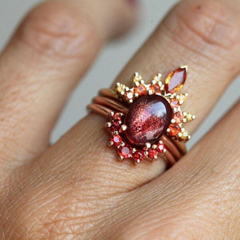 3 Sztuk / Zestaw Stylowe Kobiety Pierścionki Do Układania W Stos Ruby Crystal Flower Charm Czeski Pierścionków Dla Kobiet