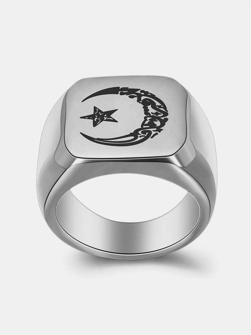 Pierścionek Męski Retro Moon Star Sun Ring Ze Stali Tytanowej