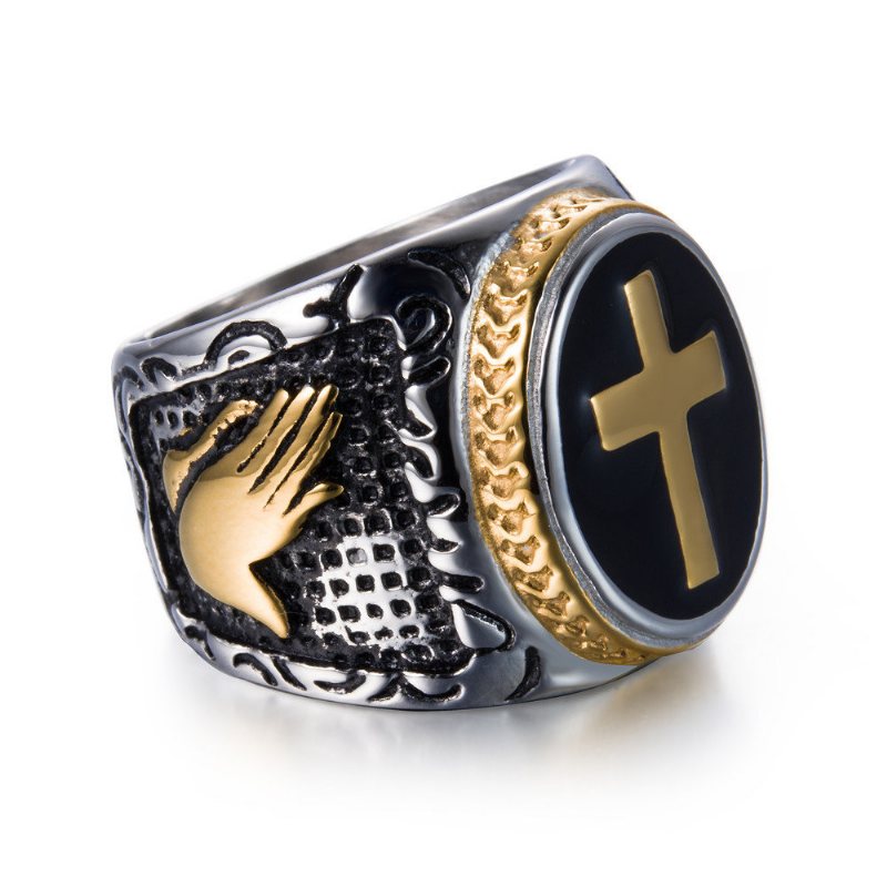 Punk Złoty Pierścionek Krzyż Ze Stali Nierdzewnej Ręka Boga Kształt Rock Biker Finger Ring Dla Mężczyzn Prezent
