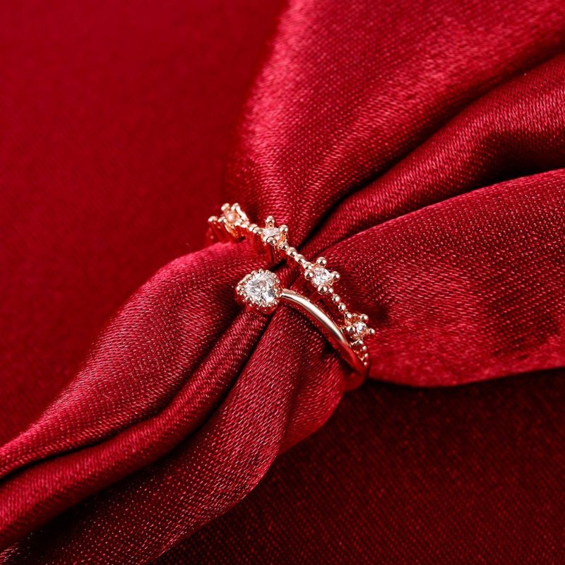 Słodki Luksusowy Pierścionek Rose Gold Heart Rhinestone Ring Dla Kobiet