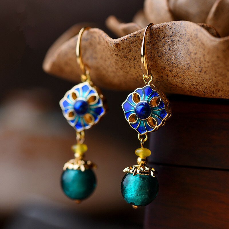 Luksusowe Retro Dangle Kolczyki Cloisonne Kwiat Agat Ręcznie Robione Złote Dla Kobiet Biżuteria Etniczna