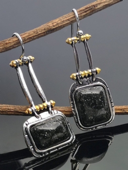 S925 Alloy Natural Stone Czarny Turkus Geometryczne Kolczyki Długie W Kształcie Torby Dla Kobiet