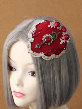 Vintage Cosplay Hairwear Wedding Red Rose Lace Crystal Heart Spinka Do Włosów Biżuteria