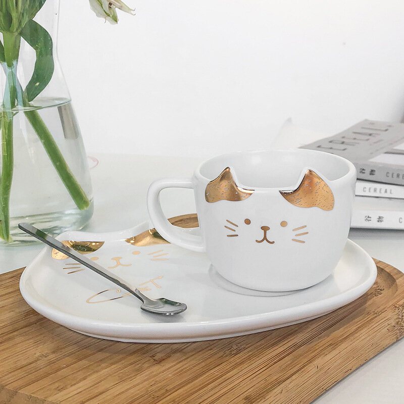 Kot Złota Ceramiczna Filiżanka Kawy Danie Restauracja Z Naczyniem Wody Kubek Biurowy
