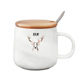 Świąteczne Kubki Ceramiczne Z Logo Renifera Porcelanowy Kubek Z Drewnianymi Pokrywkami Do Kawy Z Łyżeczką Ze Stali Nierdzewnej Specjalny Wygląd Ciemnych Frędzli