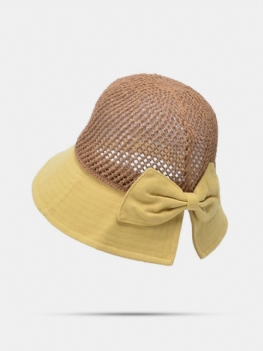 Damska Bawełniana Słomka Outdoor Hollow Kontrastowy Kolor Bowknot Decor Osłona Przeciwsłoneczna Kapelusz Typu Bucket