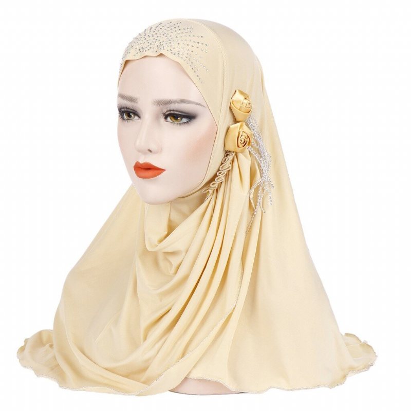Damska Muzułmańska Lodowa Jedwabna Strona Z Trzema Małymi Kwiatami Tassel Beanie Hat Outdoor Casual Neck Protect Hat