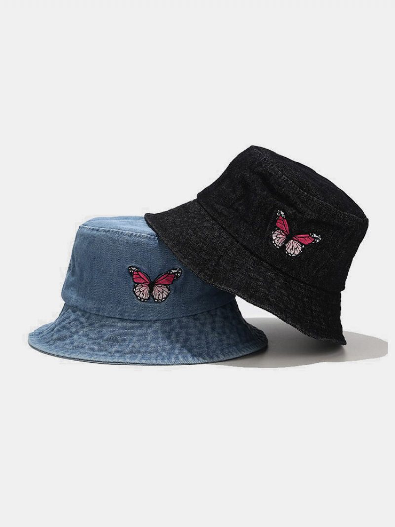 Damski I Męski Haftowany Wzór Motyla Denim Outdoor Casual Kapelusz Typu Bucket