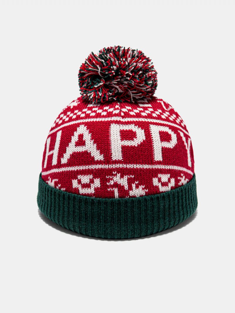 Kobiety Akryl Faux Cashmere Dzianiny Snowflake Letters Pattern Fur Ball Zdobiona Czapka Beanie