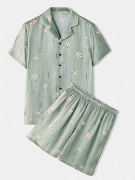 Męska Jasnozielona Gwiazda Print Luksusowa Piżama Z Krótkim Rękawem Faux Silk Slepwear Cosy Loungewear