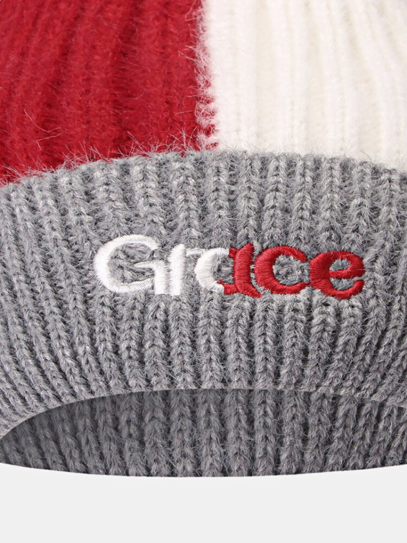 Unisex Dzianina Kolor Kontrast Patchwork List Haftowana Moda Ciepła Czapka Beanie