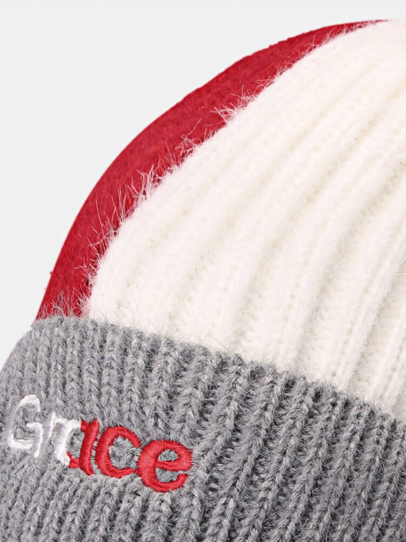 Unisex Dzianina Kolor Kontrast Patchwork List Haftowana Moda Ciepła Czapka Beanie