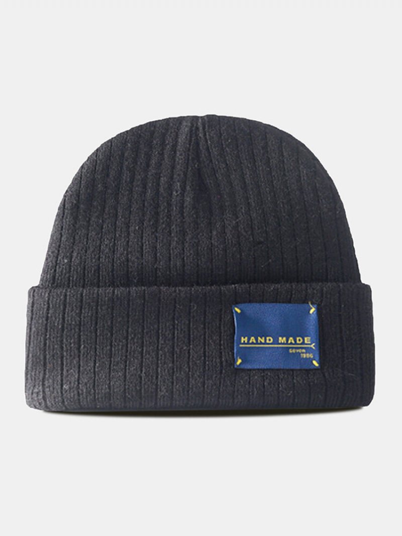 Unisex Solidna Dzianinowa Bawełna W Paski Kontrastowe Litery Naszywka Na Wszystkie Mecze Ciepła Czapka Beanie Bez Ronda