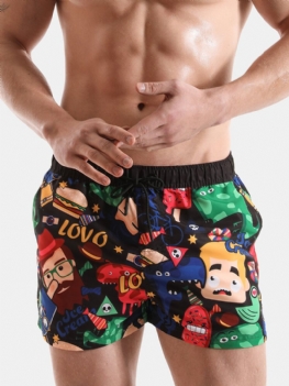Cartoon Pattern Print Kąpielówki Zabawny Styl Szybkoschnący Wakacyjny Strój Kąpielowy Dla Mężczyzn