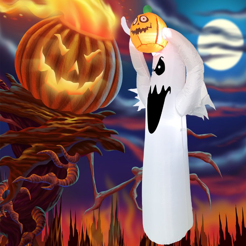 Kostium Na Halloween Świecąca Dynia Z Małym Duchem Z Jasnobiałym Drzewem Duchów Nadmuchiwana Dekoracja Ogrodowa