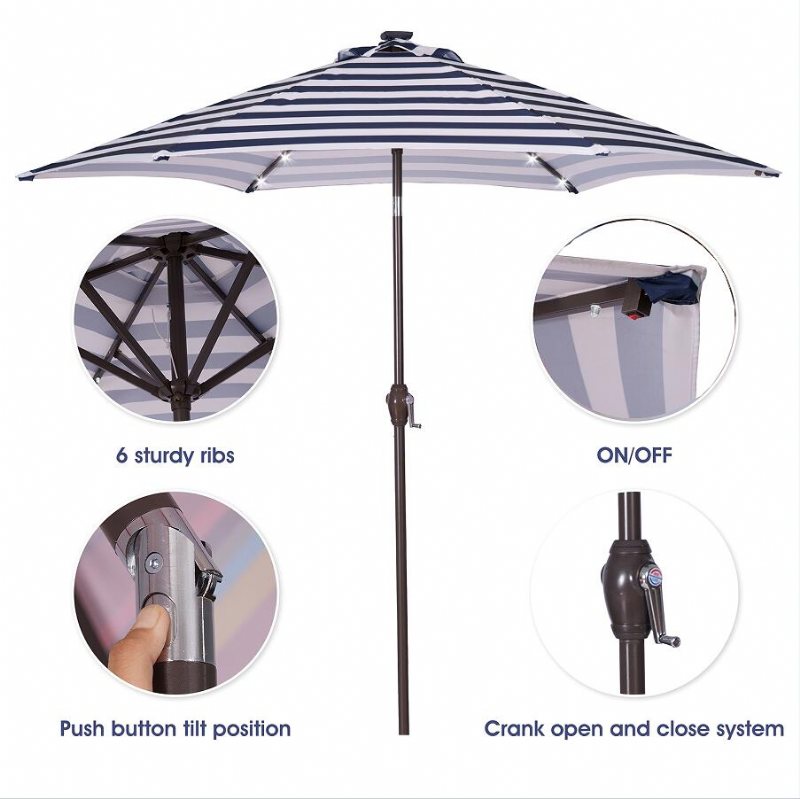 Outdoor Patio 8.7-stopowy Parasol Stołowy Z Przyciskami Pochylania I Korby Niebiesko-białe Paski Z 24 Diodami Led Podstawa Parasola Nie Jest Dołączona