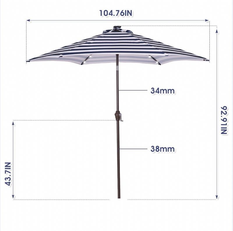 Outdoor Patio 8.7-stopowy Parasol Stołowy Z Przyciskami Pochylania I Korby Niebiesko-białe Paski Z 24 Diodami Led Podstawa Parasola Nie Jest Dołączona