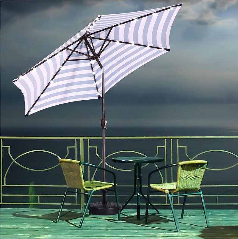 Outdoor Patio 8.7-stopowy Parasol Stołowy Z Przyciskami Pochylania I Korby Niebiesko-białe Paski Z 24 Diodami Led Podstawa Parasola Nie Jest Dołączona