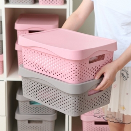 Nowy Plastikowy Kosz Do Przechowywania W Europejskim Stylu Prostokątny Nałożony Z Pokrywką Hollow Przypominający Rattan Przedszkolny Schowek