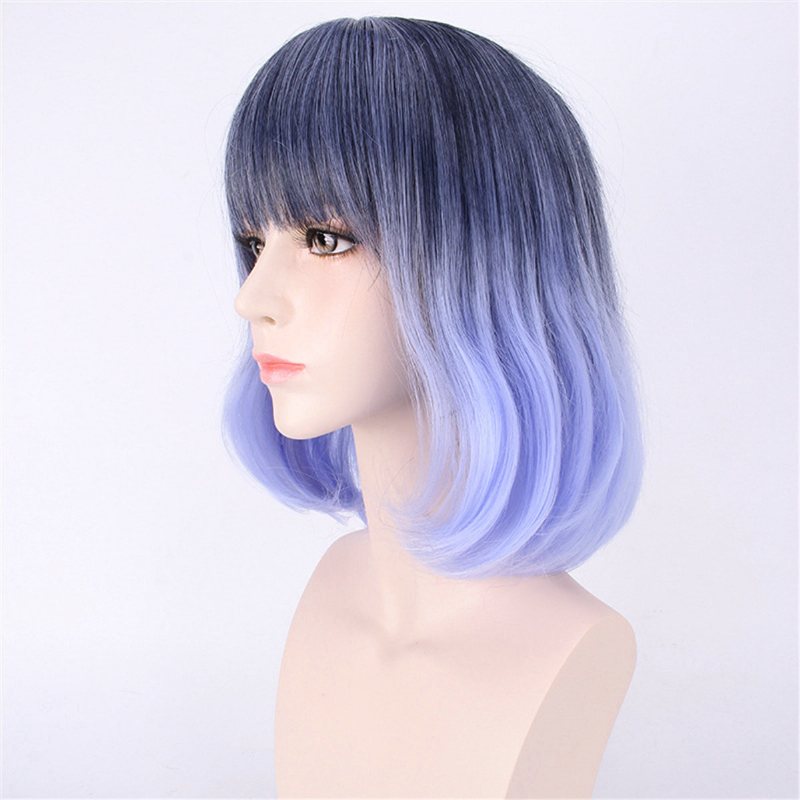 35-40cm Niebieski Gradient Peruka Do Cosplay Kobieta Średniej Długości Włosy O Krótkich Falach Peruki W Stylu Harajuku