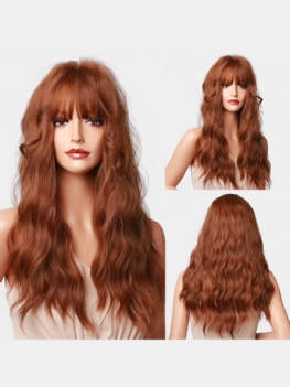 Brown Tan Długie Wełniane Kręcone Włosy Płaska Grzywka Water Wave Curl Naturalne Puszyste Peruki Syntetyczne O Wysokiej Gęstości