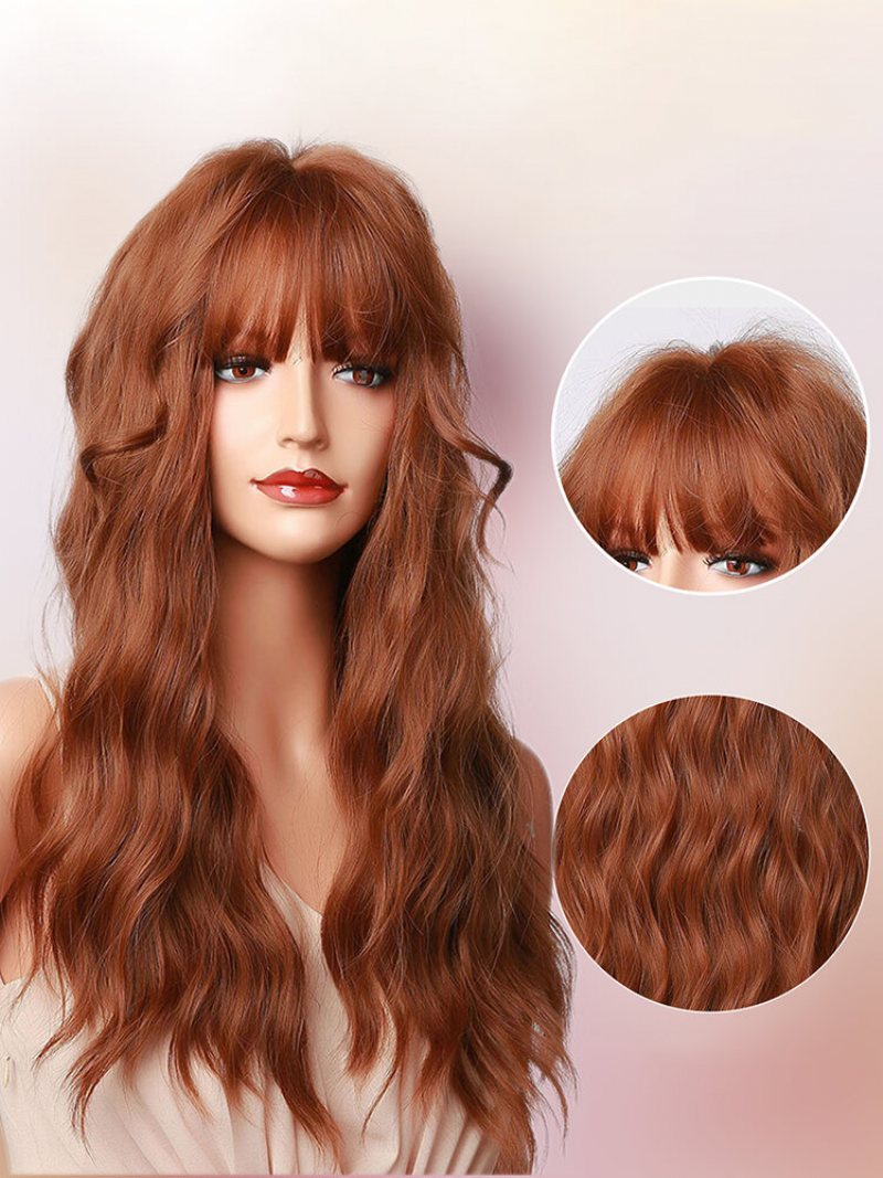 Brown Tan Długie Wełniane Kręcone Włosy Płaska Grzywka Water Wave Curl Naturalne Puszyste Peruki Syntetyczne O Wysokiej Gęstości