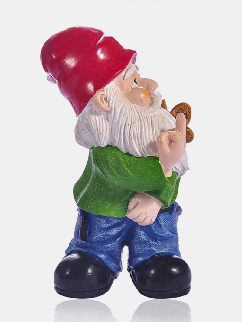 1pc Żywica Gnome Karzeł Prowokacyjny Biała Broda Posągi Trzymając Łagodny Palec Motyl Dekoracje Na Trawnik Kryty Odkryty Boże Narodzenie Ozdoba Ogrodowa