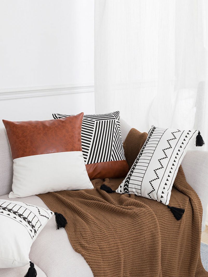 1pc Bawełniane Szwy Grube Paski Pomponem Kreatywny Nordic Domowa Sofa Kanapa Łóżko W Samochodzie Poduszka Dekoracyjna Poszewka Narzuta Na Poduszkę Lędźwiowa Z Wcięciem