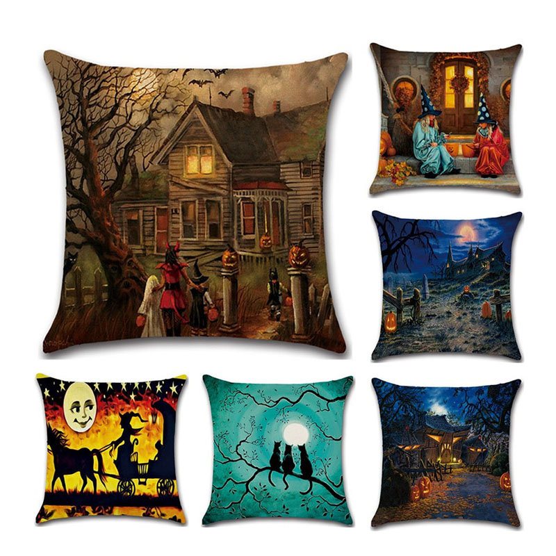 Halloween Czarownice Wzór Dyni Lniana Poszewka Na Poduszkę Domowa Sofa Sztuka Na Wystrój