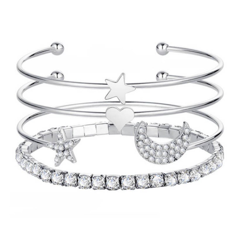 Czeska Metalowa Gwiazda Księżyc Rhinestone Regulowana Bransoletka Geometryczne Brzoskwiniowe Serce Pięcioramienna Wielowarstwowa