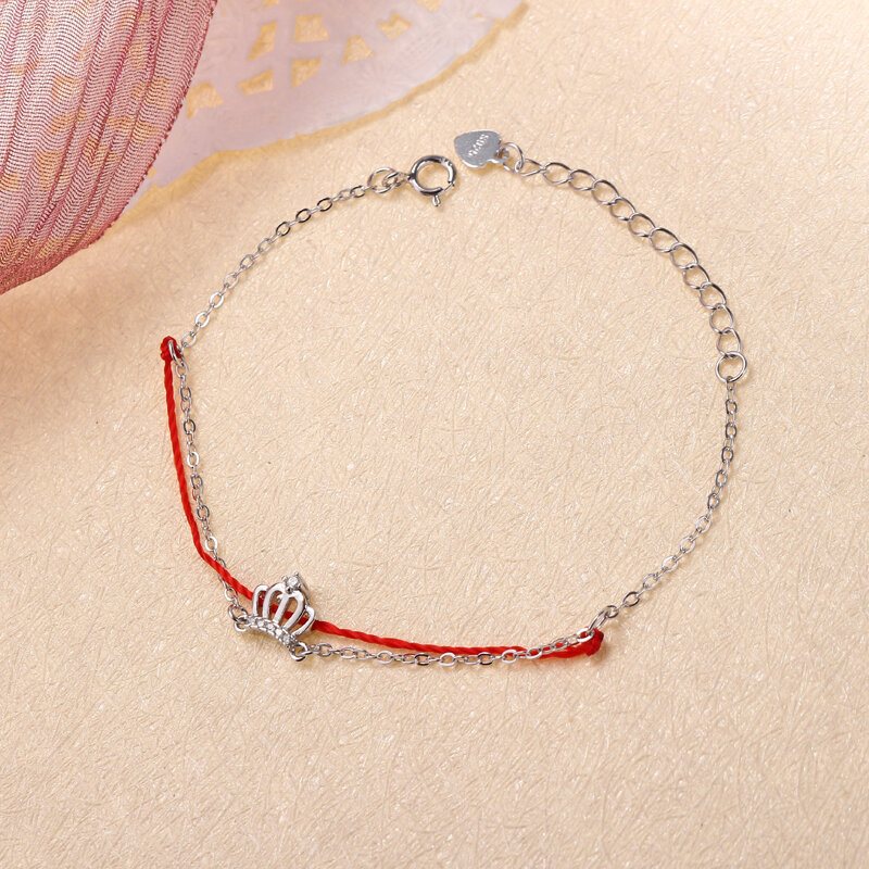 Luksusowe 925 Sterling Silver Red Rope Lucky Charm Bransoletki Zirconia Crown Rose Gold Chain