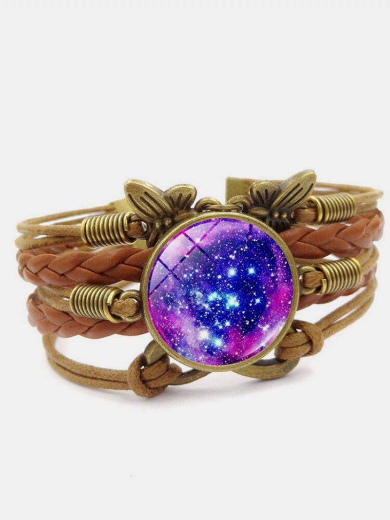 Vintage Galaxy Starry Sky Pattern Butterfly Geometryczny Kształt Ręcznie Pleciona Wielowarstwowa Bransoletka Ze Stopu Pu Ze Szkła